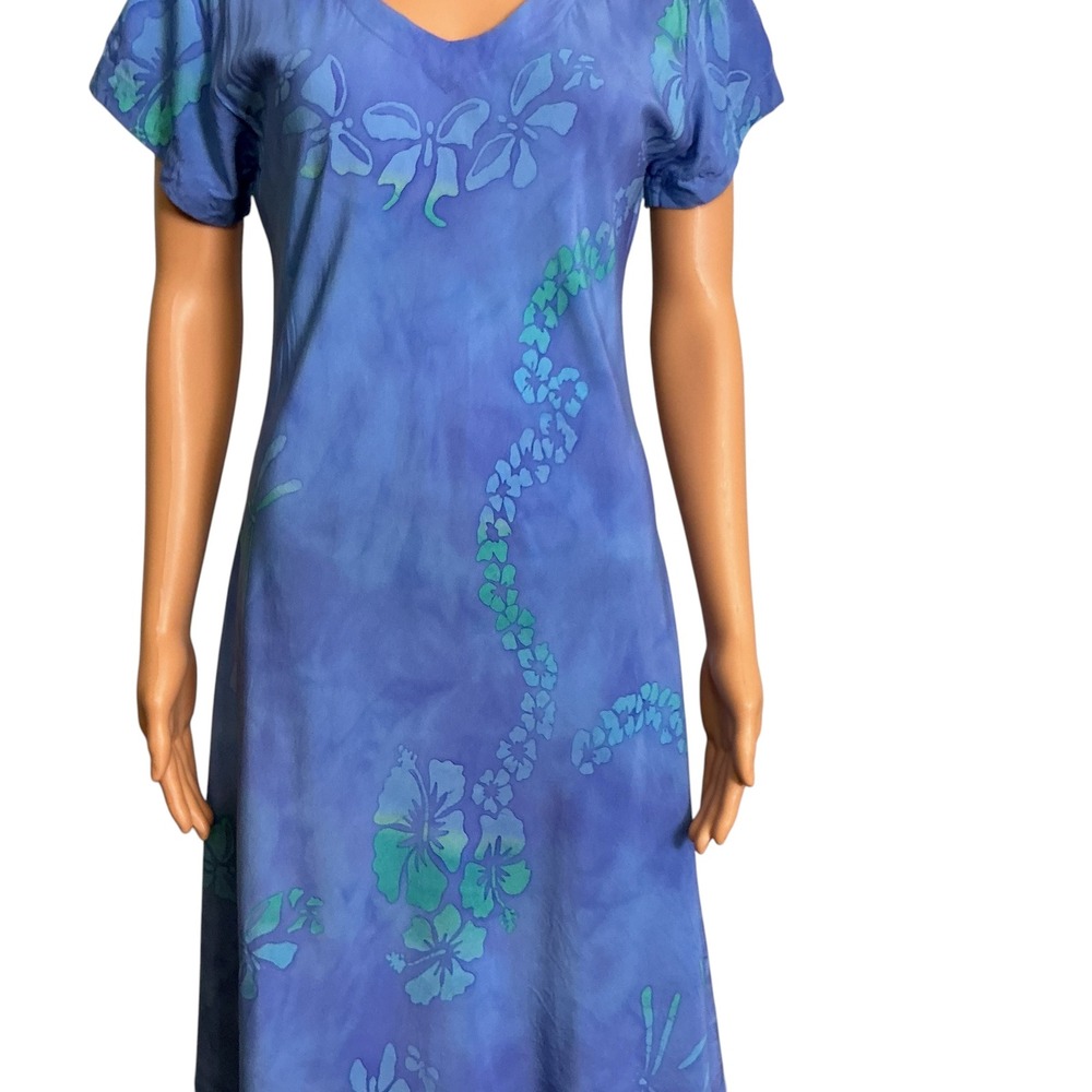 Tropical Tantrum Blue Hawaiian Floral Print Dress V Neck ShortSleeve Casual Mumu - Picture 7 of 16